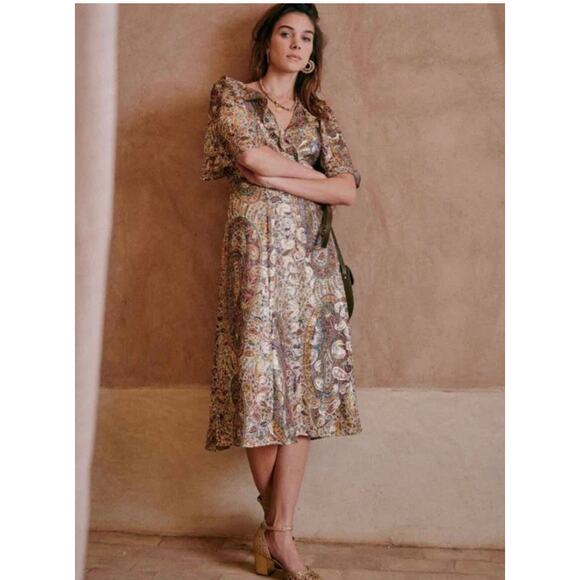 Sézane Paula Metallic Shimmer Silk Midi Dress Paisley - Picture 1 of 8